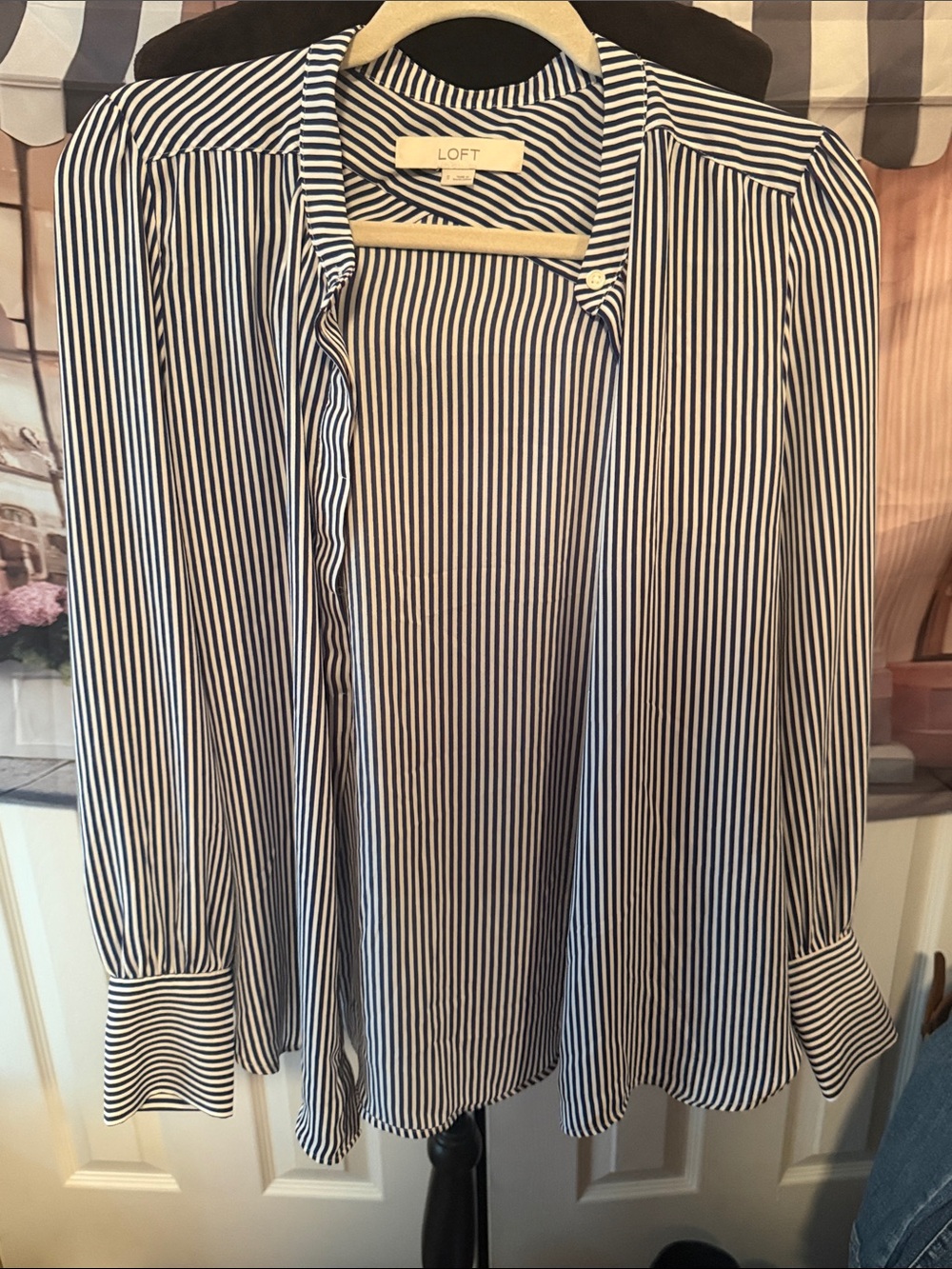 LOFT Navy and White Vertical-Stripe Button-Front Shirt